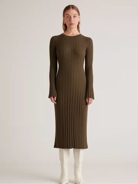 NWT Quince Olive Ribbed Long-Sleeve Midi Dress Cotton Cashmere Size S